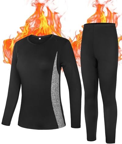 Roadbox Thermal Underwear Base Layers for Women - Fleece Lined Crew Neck Long Johns Warm Tops & Bootoms Sets Skiing Winter Black Gray