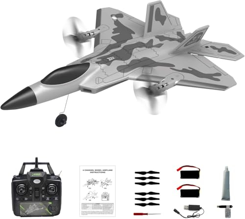 RC-Flugzeug 4CH Ferngesteuertes Kampfflugzeug mit 3 Modi, F-22 RC Flugzeug Flugfertig, Stunt Fliegen Upside Unte, Zwei Batterien Spielzeug für Anfänger Erwachsene mit Stabilisierungssystem (Grau)