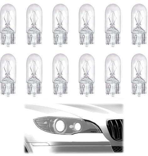 12 Pcs 501 W5W Car Capless Sidelight T10 Halogen Bulbs, 12V 5W Car Number Plate Dashboard Reverse Parking Replacement Side Light Kits, Interior Auxiliary Bulb for Dome Map Door Reading Lamp (White)