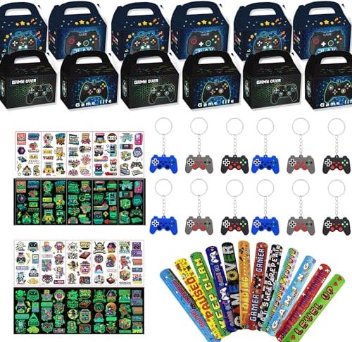 Aoyama Video Gamer Party Bag Fillers - 46Pcs Video Game Party Favours Blue Gaming Gift Bags Slap Bands Luminous Tattoo Sticker Gaming Keyrings for Kids Boys Girls Birthday Party Supplies