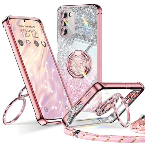 XYZ für Samsung Galaxy S23 Hülle mit Band, Herzen Doppelring Ständer Luxus Glitzer HandyHülle Kameraschutz, Frauen Stoßfest Elektroplattiert Soft TPU SchutzHülle Clear Samsung S23 Case, Roségold