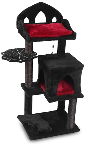 THROONI Gothic-Katzenbaum, 101,6 cm, Gothic-Katzenbaum mit Thron, Gothic-Bett, geräumiger Höhle, gruseliger hängender Fledermaus und robustem Sisal-Kratzbaum, eleganter schwarzer Katzenbaum für