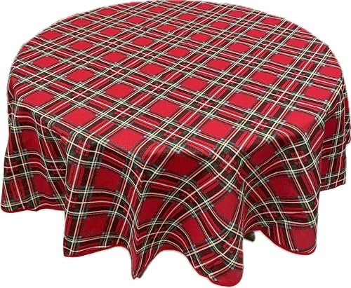 1KDreams Runde Tischdecke für Weihnachten, Schottenkaro, Lurex, Glitzer-Effekt, goldfarben, modern und traditionell, rot, Durchmesser 140 cm