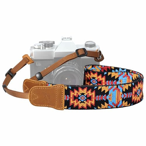 Padwa Lifestyle Camera Strap - 1.5 Crazy Horse Cowhide Head Cotton Strap,Vintage Embroidery Camera Straps for Photographers and All Cameras,Cute Adjustable Shoulder Neck Strap for Adults & Kids