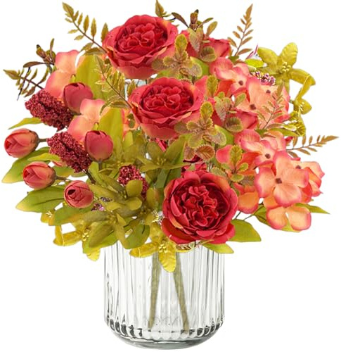 astylishome Artificial Flowers Indoor Small Artificial Silk Red Rose Bush Wedding Grave Home Decoration Faux Flower Bouquet 3906