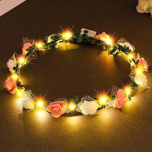 Fashband LED-Blumen-Stirnbänder, beleuchteter Blumenkranz, Krone, Festival, Kopfschmuck, Halloween, Party, Kopfschmuck für Frauen (Rosa, Einheitsgröße)