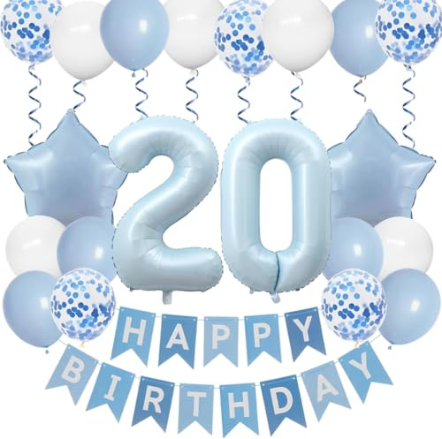 Anlgdi Blau 20. Geburtstag Dekoration Set, Luftballons 20. Geburtstag Mann, Folienballon 20. Geburtstags Deko Frau, Happy Birthday Banner 20 Geburtstags Frauen, Geburtstagsdeko 20 Jahre Männer