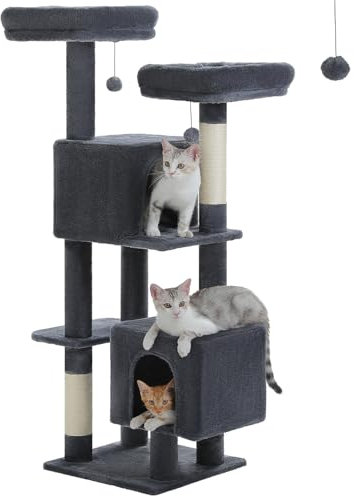 PETEPELA Arbre à fleurs pour chat - 133 cm - Joli arbre à chat avec 2 sièges à fleurs rembourrés, 2 niches et 2 colonnes à chat - Rose (gris)
