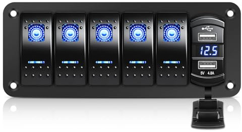 Avutrel 5 Gang Schalter Panel Wasserdicht mit 4,8A Dual-USB LED Voltmeter, 12V/24V Marine Schalttafel Wippschalterhalter für Auto, Boote, Yachten, LKW und Wohnmobile