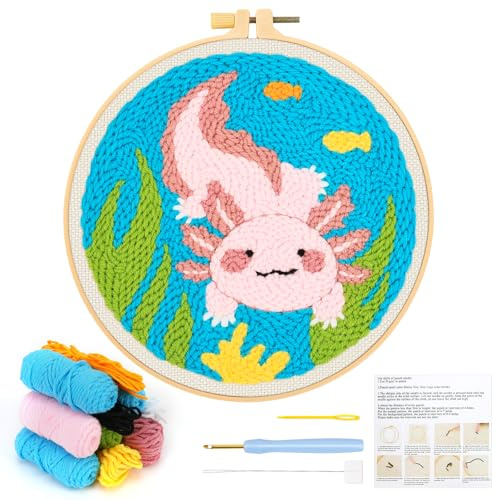 JSRQT Stanznadel Stickerei Starter Kit Punch Needle für Anfänger Adult Debutant DIY Embroidery Sticken Handarbeit Stanznadelstoff Muster Mexican Walking Fish Stanzer Basteln Geschenk Handarbeit