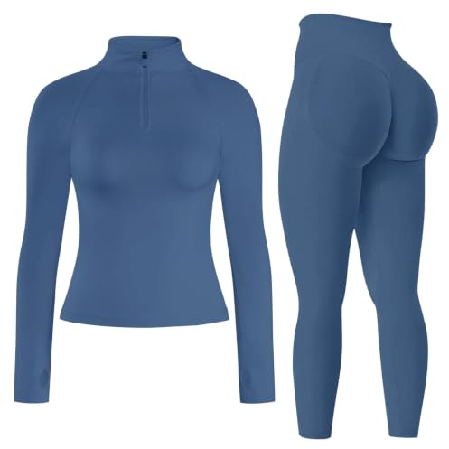 Gym Sets for Women 2 Piece Seamless 1/2 zip Long Sleeve Tops Hidden Scrunch Leggings Yoga Outfits Activewear Tracksuit