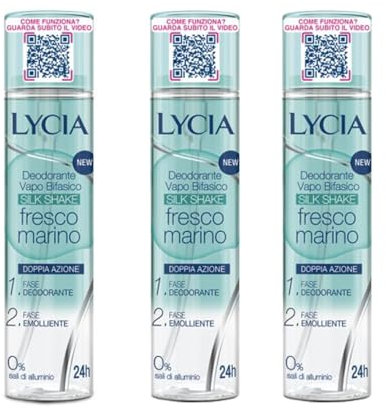 LYCIA Deodorante Vapo Bifasico Silk Shake Fresco Marino, 100 ml, Set da 3, Doppia Azione 24h, 0% Sali di Alluminio