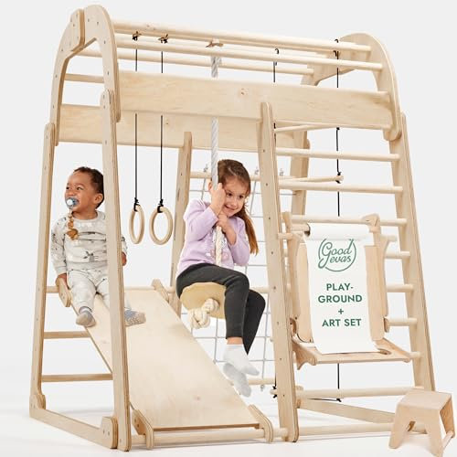 Wooden Kids Climbing Frame Indoor – Montessori Playground with Slide, Climbing Wall, Rope Ladder & Art Set – Enhanced Montessori Gym for Children Ages 3 to 8