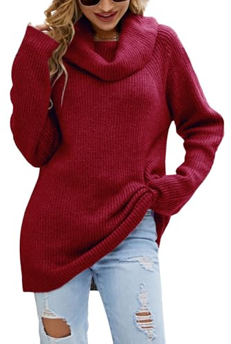 JFAN Maglione Invernale Donna Elegante a Collo Alto Maglione Manica Lunga Donna Caldo Pullover in Maglia Oversize Morbido Sweater Top(Borgogna,M)