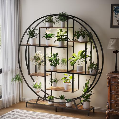 Bonnlo 7-Tiered Indoor Plant Stand with Grow Lights, 161CM Tall Plant Shelves with Hooks, Metal Flower Stand for Indoor, Patio, Living room, Coin-Shaped