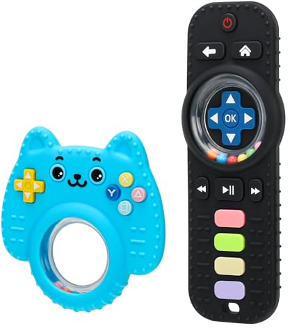 CLDY 2 Stück Baby Fernbedienung Beißspielzeug & Beißring Set, ab 3 Monate | 100% Silikon BPA-frei, kinder fernbedienung - Zahnungshilfe mit Rassel für Kleinkinder, Jungen und Mädchen (Schwarz+Blau)