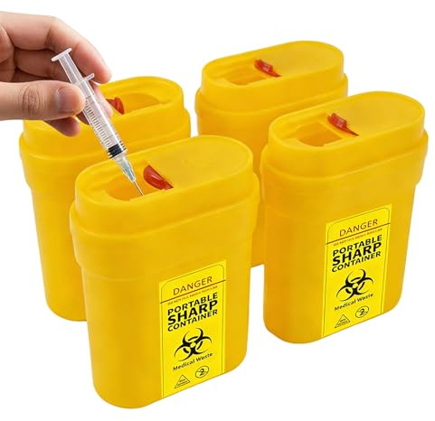 Travel Sharps Bin, Portable Mini Sharp Container, 0.3L Leakproof & Puncture-Resistant Small Sharp Box for Safe Needle Disposal Diabetic Pen Needles Travel Work And Daily Personal Use (Yellow, 4 Pcs)
