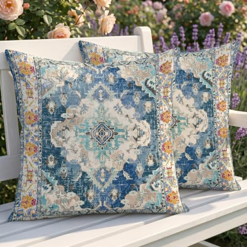 Luzzxfa Wetterfest Outdoor Kissenbezug 45x45 cm 2er Set Boho Dekokissen Zweiseitiges Muster Blau Vintage Sofakissen Sommer Kissen Leinen Kissenbezüge Dekorative für Sofa Garten Balkon Camping