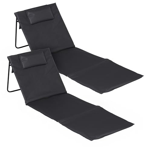 Strandmatte 2er Set 145 x 48 cm mit verstellbarer Lehne - dunkelgrau | Liegematte faltbar verstellbare Rückenlehne und Kopfkissen - Gartenliege Strandliege für Garten Camping Picknick Reise Urlaub