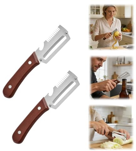 3-in-1 Multifunktionaler Gemüseschäler mit Holzgriff, 2 Stück Edelstahl Schäler Obst und Gemüseschäler, Obstschäler Kartoffelschäler und Flaschenöffner für Gemüse Picknick Schälwerkzeug