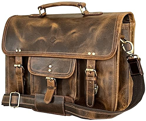 Rustic Town 'Hunter' Aktentasche Leder Herren Vintage groß Klassische Arbeitstasche Bürotasche Umhängetasche Dokumententasche mit Laptopfach 13,3 Zoll (braun)