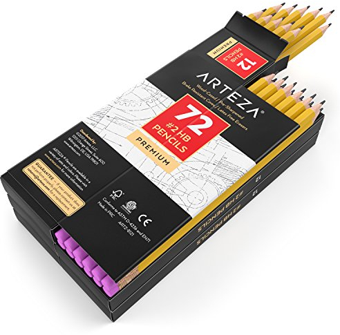 ARTEZA Bleistift HB, Holzbleistifte, Bleistifte mit latextfreiem Radiergummi, vorgespitzt für reibungsloses Schreiben in Schule, Büro & zum Zeichnen und Skizzieren, 1 stück (72er Pack)