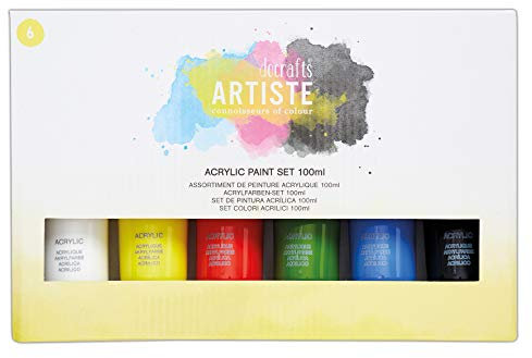 Artiste Acrylic Paint Set 100ml 6 Pack Vibrant Colours, Quick-Drying Professional Art, Craft and Hobby Artists Paint. Water-Based Paints Cover All Surfaces with Ease, Ideal for Travel Artists