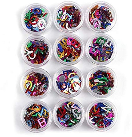 12 Bottles Nail Art Stickers Mixed Colors Letter Alphabet Glitters Slices Nail Art DIY Decor
