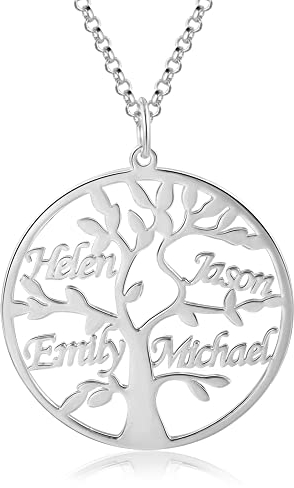 Namenskette 925 Sterling Silber Personalisierte Namen Lebensbaum Halskette Stammbaum des Lebens Anhänger mit Gravur 1-8 Namen Mutter BFF Familien Schmuck Geschenk (Silber, Sterlingsilber)