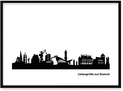 Wandbild Rostock Skyline mit Individuellem Text Personalisiertes Bild in S/W & Metallic optional mit Rahmen Geschenk Geschenkidee Einzug Umzug Familie Freunde