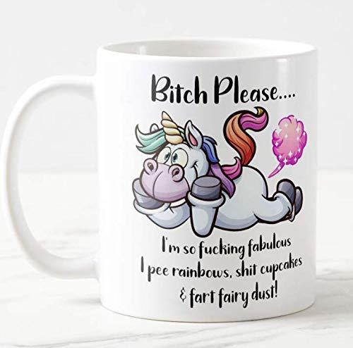 Vixar Taza de cerámica blanca o rosa con texto en inglés Bitch Please I'm So Fabulous Unicornio para oficina, cumpleaños, Navidad, café, regalo de taza de té (blanco)