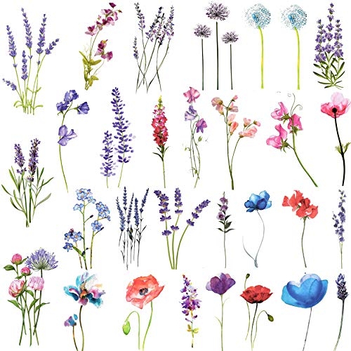 COKTAK 12 Blätter Aquarell Lavendel Temporäre Tattoos Frauen Bunt Winde Erbsenblume Edelwicke Fake Blumen Hand Hals Temporary, Zum Aufkleben Auf Die Haut Kindertattoos Mädchen