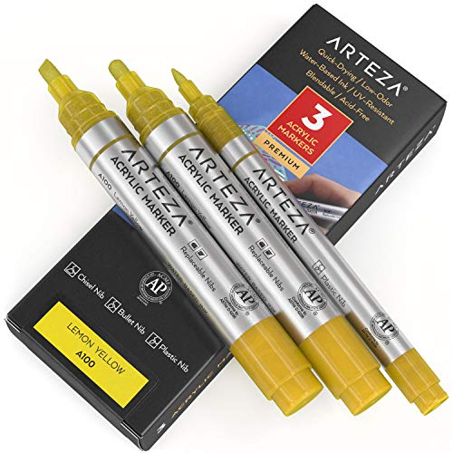 ARTEZA Acrylstifte 3er-Set, A100 Zitronengelb, 2 Acrylmarker mit Rund- und Keilspitze, 1 feiner Acrylmalstift, wasserfeste Stifte zum Steine Bemalen, für Leinwand, Glas, Holz, Metall, Stoff, Keramik