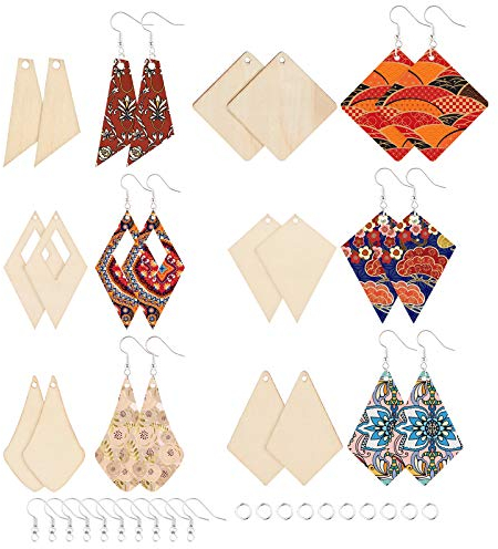 PandaHall 60 Stk 6 Stile Unvollendete Holzohrringe Leer, Rhombus Natural Wood Drop Dangle Ohrringe Mit 60 Stück Ohrringhaken, 60 Stück Biegeringe Für Die Schmuckherstellung