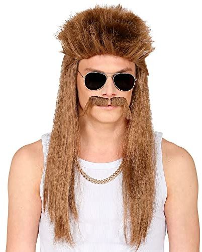 W WIDMANN MILANO Party Fashion - Perücke Redneck | Dunkelblonde Kunsthaarperücke mit Schnurrbart, 80s-Kostümzubehör für Rockstar, Karneval und Mottoparty
