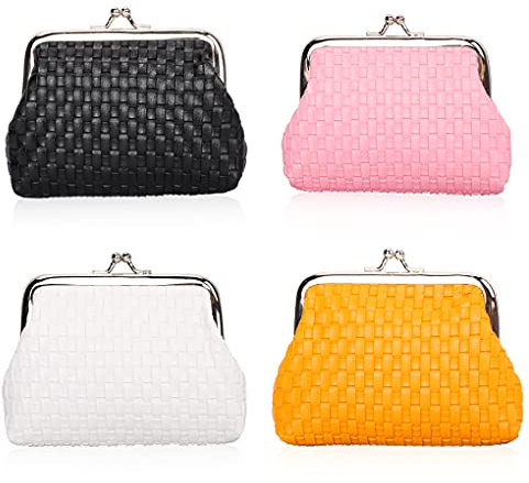 Oyachic 4 Packs Porte-Monnaie Clic-Clac Rétro Kiss Lock Coin Purse Poche à Monnaie Sac à Main d'embrayag Porte- Carte Fermoir Bourse Pochette (Tresse en Cuir)