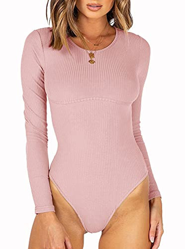 REORIA Body da Donna Elegante Body Sexy Girocollo a Maniche Lunghe Tute a Costine Tuta Rosa S
