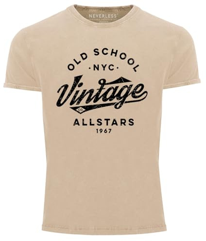 Neverless® Herren Vintage Shirt Retro Schriftzug Allstars Old School NYC Design Printshirt Used Look Slim Fit Natur XXL