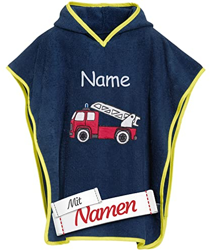 Bade Feuerwehr Poncho bestickt mit Namen für Baby & Kinder, Jungen, Badetuch, Badeponcho, Kapuzenbadetuch, 100% Baumwolle