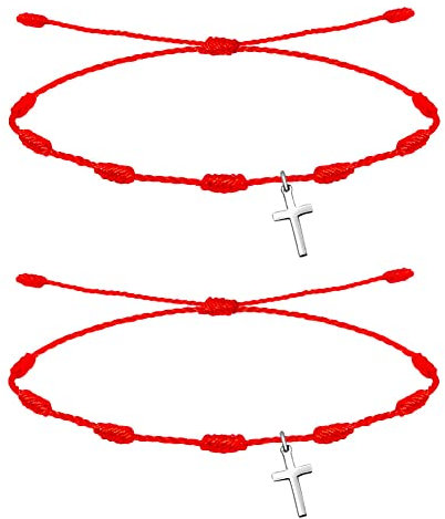 cotigo, Pulsera Roja de 7 Nudos con Amuleto en Acero, Suerte y Protección, Pulsera Mal de Ojo para Parejas y Amistad, Bisutería Ajustable para Mujer y Hombre (Cruz Latina - Plateado)