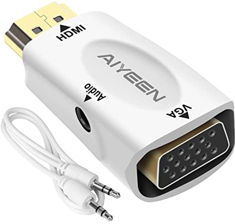AIYEEN Adaptateur HDMI vers VGA, Adaptateur HDMI mâle vers VGA Femelle 1080p avec Câble Jack Audio 3.5mm Compatible avec Moniteur, Portable, Ordinateur, Projecteur, HDTV, Chromebook et plus (Blanc)