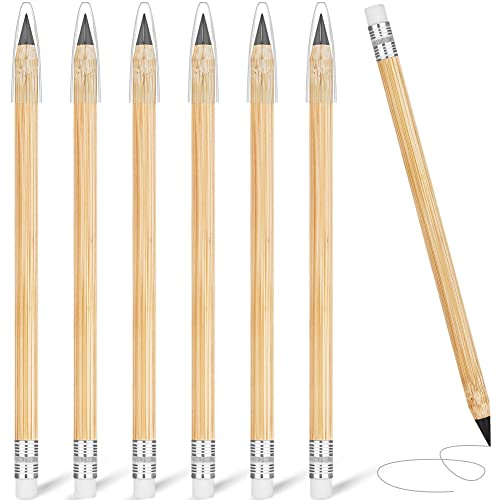 AUAUY 6 STÜCK Holz Tintenloser Bleistift, Infinity-Bleistift, Wiederverwendbarer Ewiger Bleistift mit Radiergummi, Löschbarer Tragbarer Bleistift zum Schreiben Zeichnen Studenten Heimbüro Schulbedarf