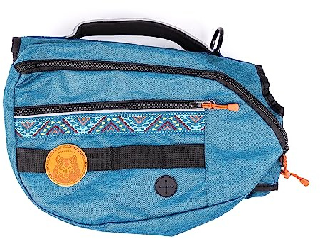 Wilderdog Hunderucksack mit integriertem Geschirr und rückseitig montierter D-Ring-Leinenbefestigung, Griff, zwei Satteltaschen mit 4 Taschen insgesamt, integrierter Kotbeutelspender (Pazifikblau