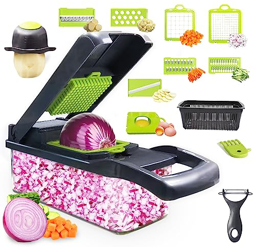 Auzeuner Veggie Chopper with Container, Vegetable Chopper, Pro Onion Chopper, Multifunctional 14 in 1 Food Chopper, Kitchen Vegetable Slicer Dicer Cutter,Veggie Chopper With 8 Blades, Hand Guard