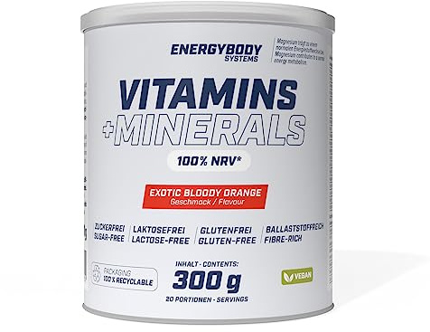Energybody Vitamins + Minerals Pulver Exotic Bloody Orange 300g | mit 10 Vitaminen & 8 Mineralstoffen, Multivitamin Mineralstoff Drink, vegan