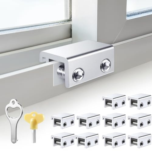 Cerraduras corredizas para ventanas (10 juegos), cerraduras de seguridad para ventanas con llaves, topes deslizantes de aluminio ajustables, fácil instalación sin taladrar, para ventanas correderas