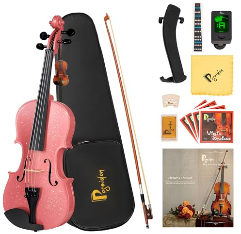 Poseidon 3/4 Violine für Anfänger, Kinder Violine Set mit Geige für Schüler Violine Starter Kit/Hartschalenkoffer, Bogen, Kolophonium, Pferdebrücke, extra Saiten, Schulterstütze, Clip-on Stimmgerät