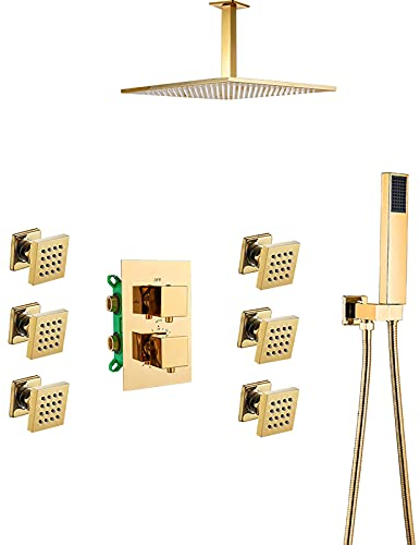 Gold-Duschsystem, Thermostat-Duscharmatur-Set mit 6 Körpersprühdüsen, Messing-Duschkombinationsset, Deckenmischer-Dusche mit Duschkopf, Handbrause, 16 Zoll