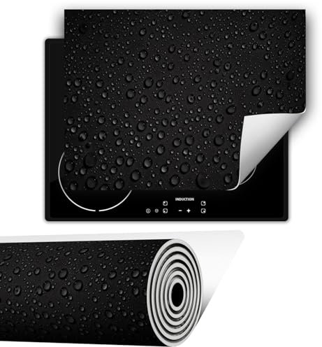 TMK ArtDeko Herdabdeckplatte 1 teilig 80x52 cm Küche Herdabdeckung Ceranfeld Herdabdeckplatten Anti Rutsch Matte Aufrollbar, Schwarz Tropfen