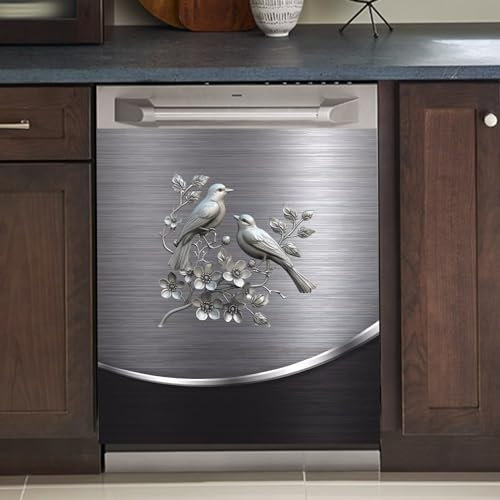 Graues Metall, silbernes Muster, Geschirrspüler-Abdeckfolie, magnetisch, Vogel, Blume, Polieren, Steelbird, Geschirrspüler, Hautdekoration, silberfarbene Textur, 58,9 x 66 cm, Magnet-Rerigeratorfolie,